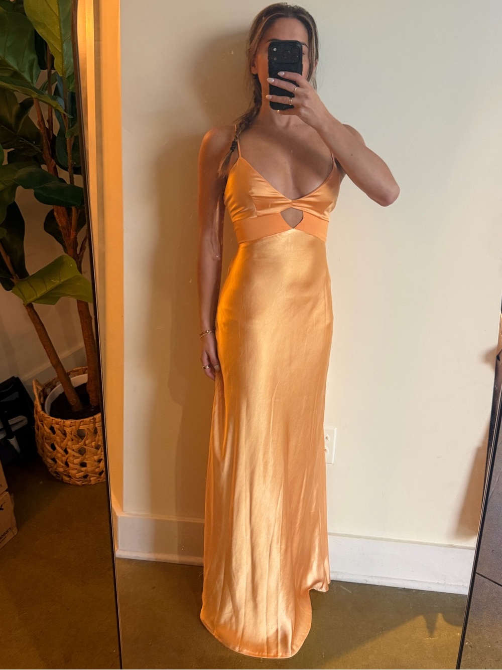 Hello Molly- Mango Satin Cutout Slip Dress